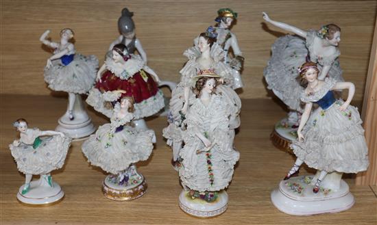 A collection of Dresden style ballet dancers and other figurines tallest 24cm